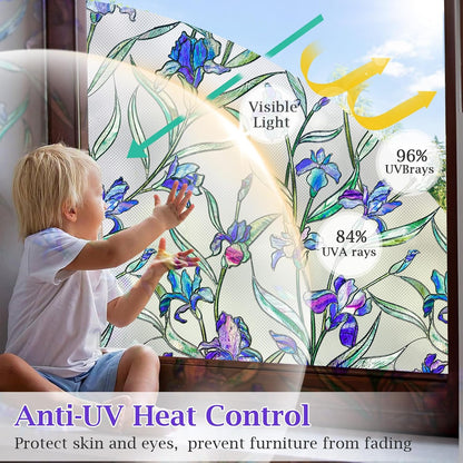 Coavas Stained Glass Window Privacy Film, 3D Violet Flower Static Cling Decals, 17 x 118.1 Inch, Bathroom Sun Heat