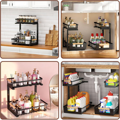 Under Sink Organizer by [Brand Name] - L-Shape 2-Tier Pull-Out Cabinet Storage Rack | Adjustable Height, Black, 2 Pack