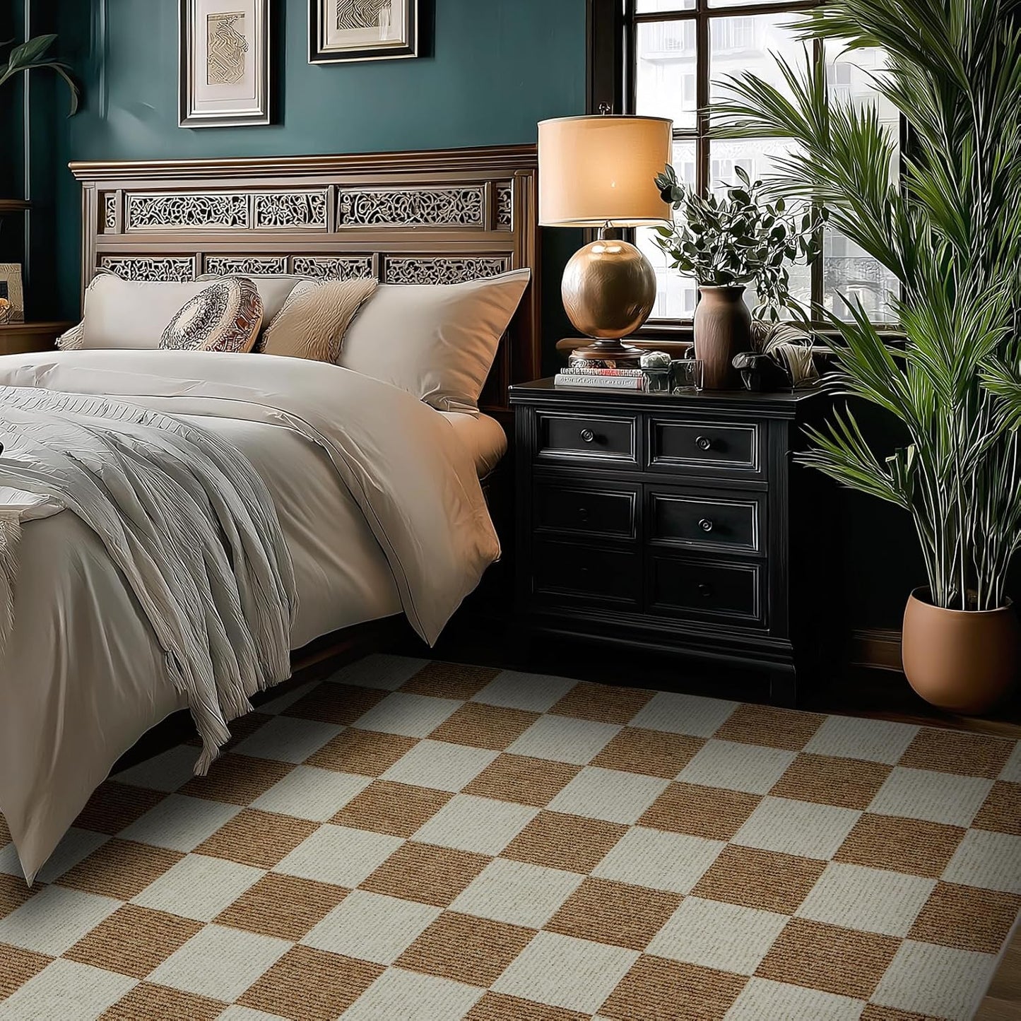 EcoNest 2x3 Washable Door Mat Indoor Entrance Checkered Rug, Beige and White Area Rug,Low Pile Lightweight Indoor