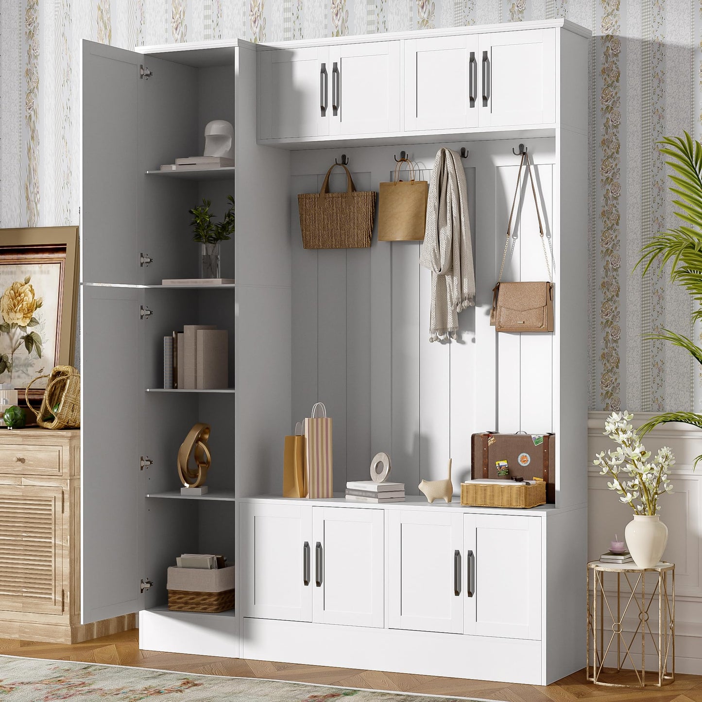 Merax Farmhouse Wood Hall Tree with Shoe Bench & 6 Cabinets, 4-in-1 Coat Rack with 4 Hooks & Adjustable Shelves, Entryway Storage Organizer Cabinet for Entrance, Hallway, Mudroom White