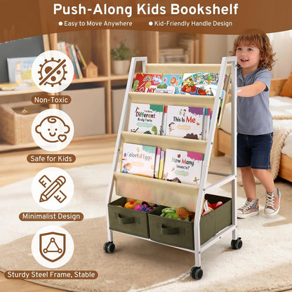 EARLY MINDS 3-Tier Kids Bookshelf with Storage, Wheels & Handle, Montessori Sling Book Organizer for Toddlers