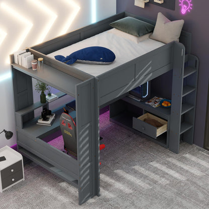 Merax Loft Bed Full Size with Gaming Desk, Mulfunctional Wood Loft Bed with Storage Shelves, Drawer and Charging Station, for Teens Adults (Dark Grey)