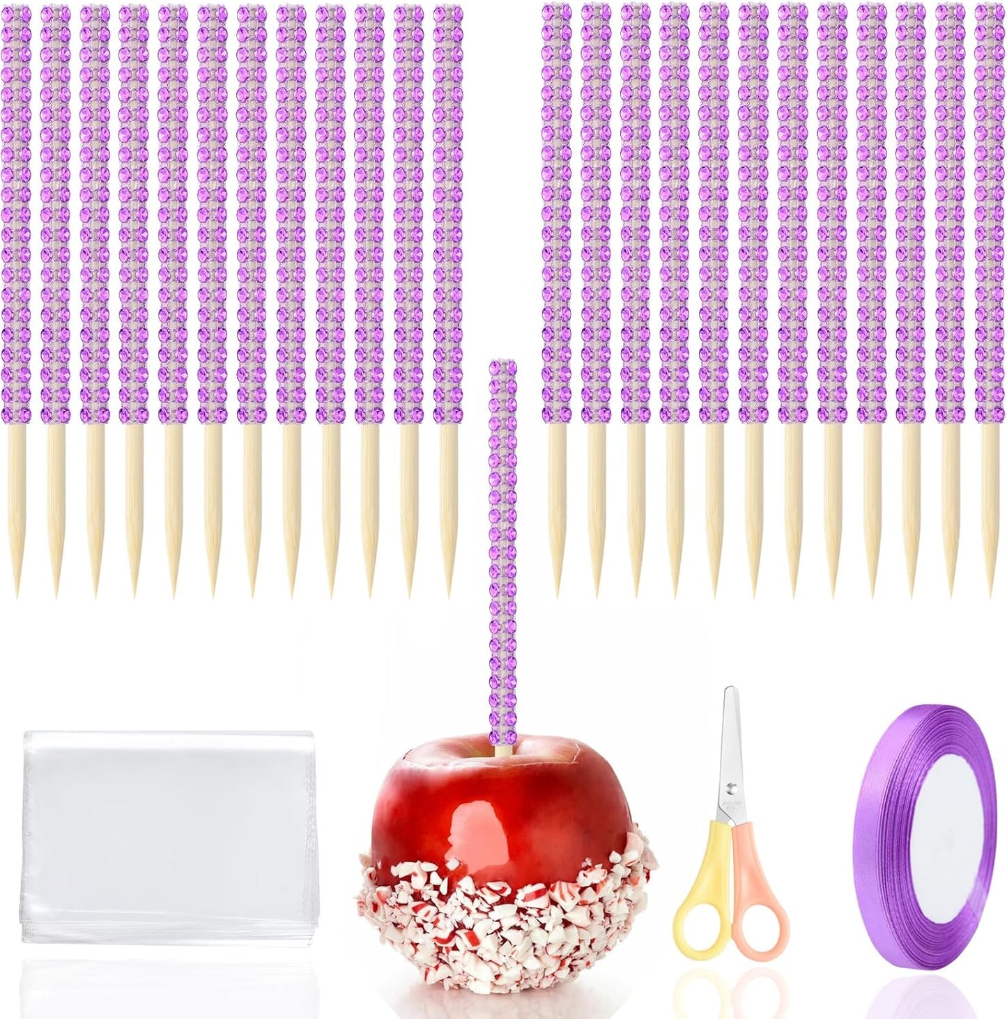 MULTIONS 26+24PCS set,Treat Including24PCS 6-Inch Stick24PCS Candy Apple Stick Sticks Rhinestone Apple Bamboo Bags a