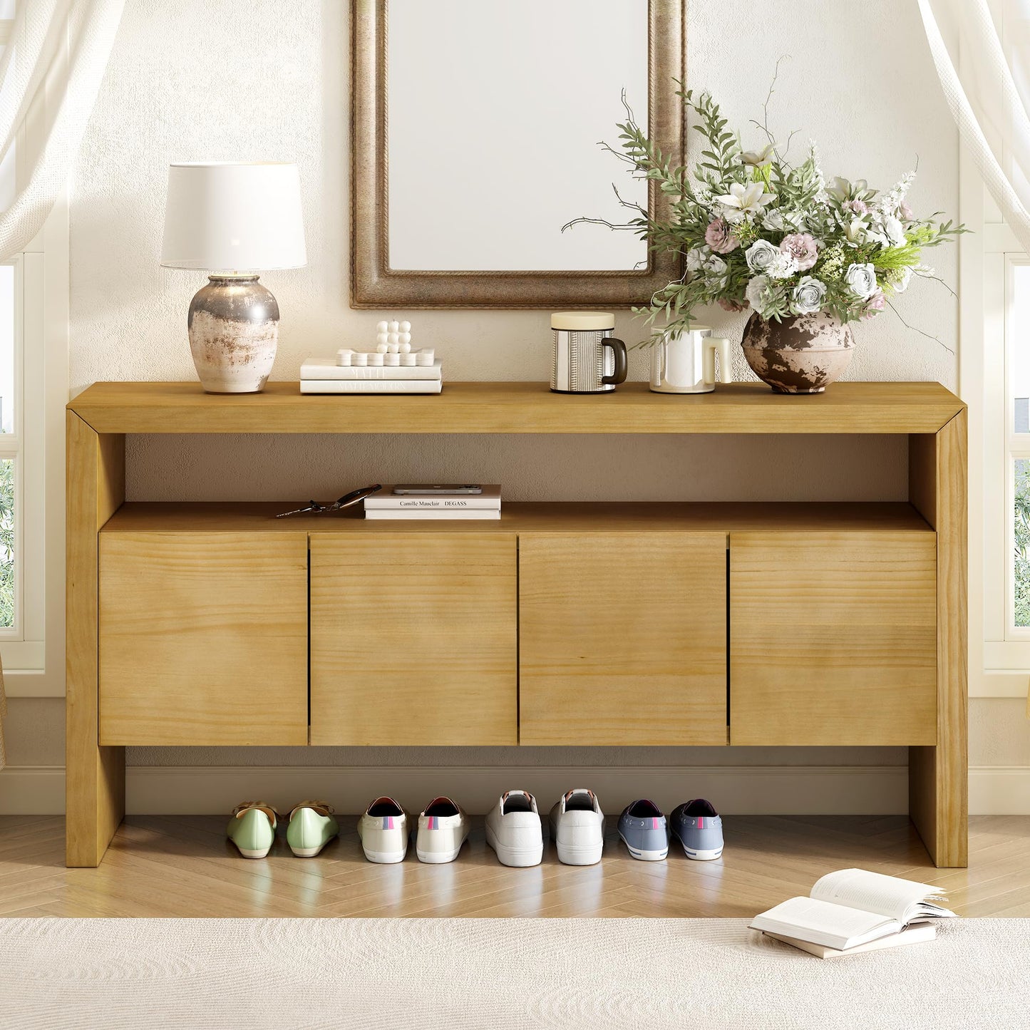 GDFStudio 60" Modern Buffet Cabinet with 4 Doors and Open Shelf, Solid Wood Veneer Sideboard Cabinet Credenza Storage Console Table for Kitchen Dining Room Living Room Entryway Coffee Bar, Natural