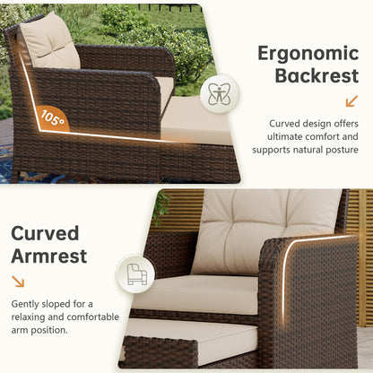 LHBcraft Balcony Furniture 5 Piece Patio Furniture Set, PE Rattan Patio Chairs Conversation Set with Soft Cushions 2 Ottoman & Table for Porch, Lawn, Garden, Beige