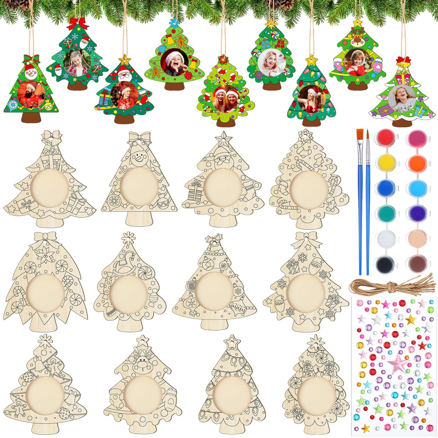 Qunclay 12 Pcs Unfinished Wood Christmas Picture Frame 12 Styles DIY Christmas Tree Photo Frame Wooden Ornaments with Paint Set for Xmas Tree Home Decoration