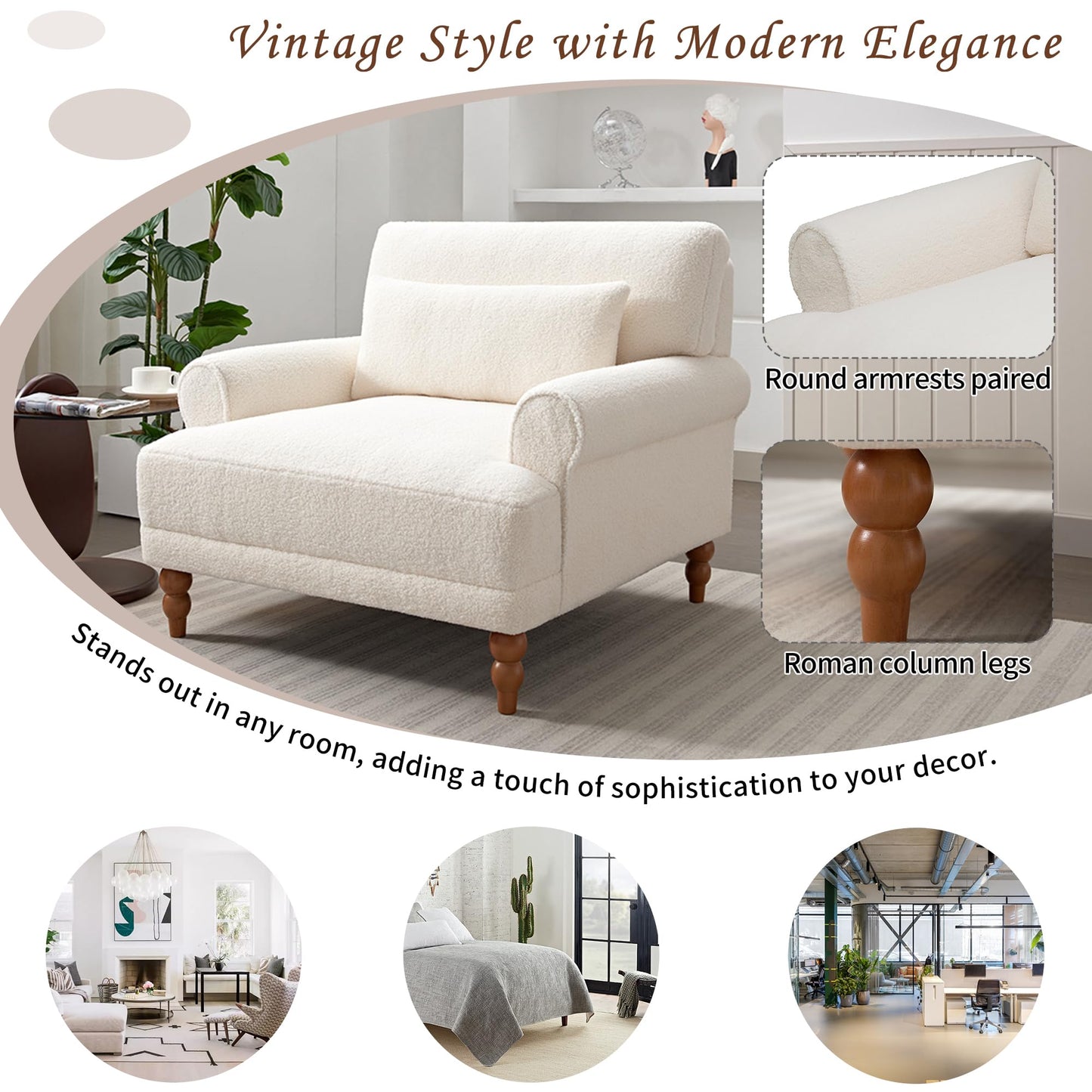 Merax Accent Chair with Circular Armrests, Upholstered Armchair Single Sofa with Vintage Roman Column Legs for Living Room, Bedroom, Study, Ergonomic Lumbar, Boucle, Beige