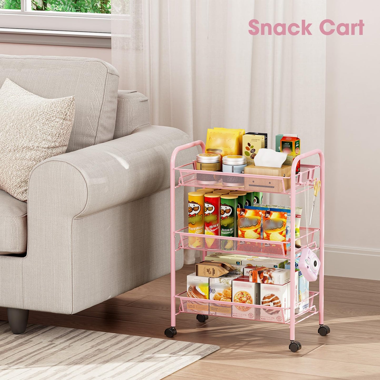 TOOLF 3 Tier Rolling Cart Pink - Metal Storage Organizer with Wheels, 33 lbs Shelf Capacity, Easy 5-Min Assembly, for Girls Room Bathroom Kitchen Office Nursery, Compact Design for Small Spaces, Pink