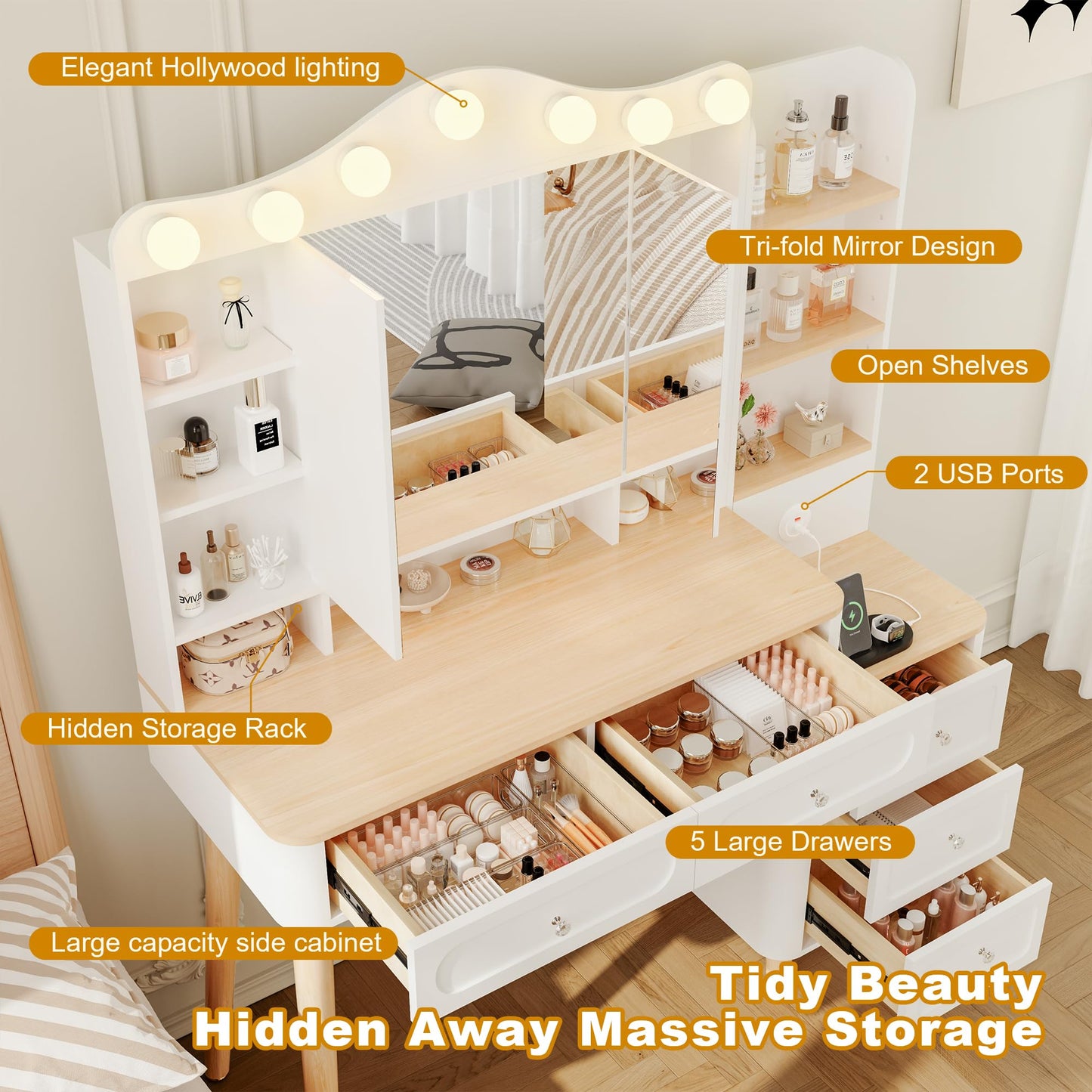 KEIKI Vanity Desk with Adjustable LED Lighted Mirror & USB Ports, Makeup Vanity Table Set with & Foldable 3-Sided Mirror & Large 5 Storage Drawers & Chest for Women and Girls Bedroom Dorm