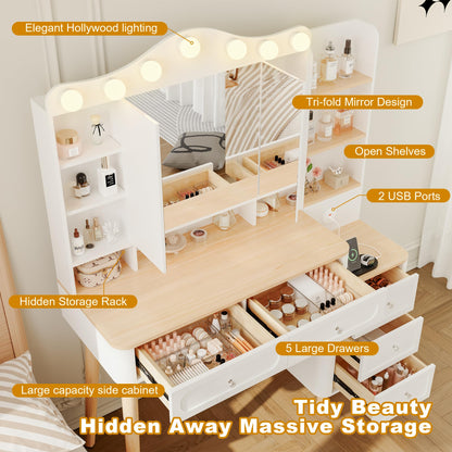 KEIKI Vanity Desk with Adjustable LED Lighted Mirror & USB Ports, Makeup Vanity Table Set with & Foldable 3-Sided Mirror & Large 5 Storage Drawers & Chest for Women and Girls Bedroom Dorm