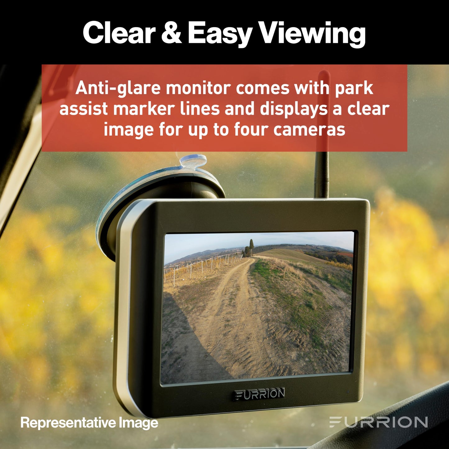 Furrion Vision S Wireless RV Backup Camera System with 4.3-Inch Monitor, 1 Rear Sharkfin, Infrared Night Vision, Wide-Angle View, Hi-Res, IP65 Waterproof, Motion Detection, Microphone - FOS43TASF