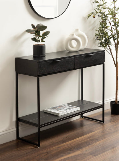 Kate and Laurel Malone Modern Wooden Console Table with Wood Shelf; 36 x 13 x 31; Black; Transitional Wood Entryway Table with Shelf and Drawers for Entry Storage Options