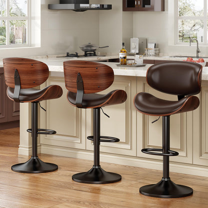 YaFiti Bar Stools Set of 3, Bentwood Adjustable Height Swivel Bar Stools, PU Leather Upholstered Bar Chair with Back and Footrest for Bar, Kitchen, Dining Room, Brown