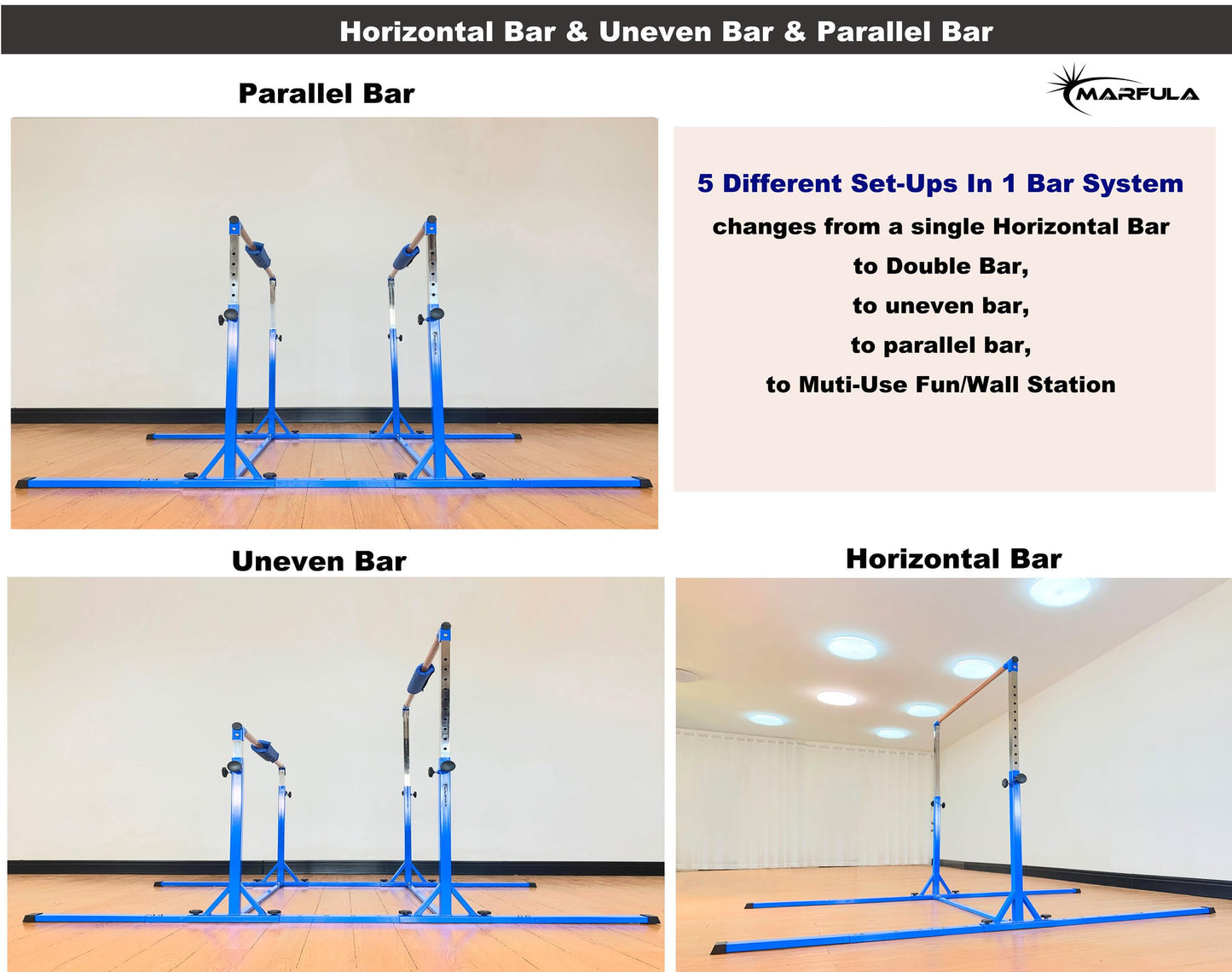 MARFULA Gymnastics Double Horizontal Bars 3Play Parallel Bars Uneven Bars Gymnastics Training Kip Bar with 304 Stainless Steel Regulating Arms & Fiberglass Rail for Indoor Outdoor Home Club Use