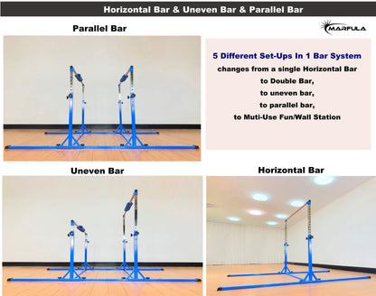 MARFULA Gymnastics Double Horizontal Bars 3Play Parallel Bars Uneven Bars Gymnastics Training Kip Bar with 304 Stainless Steel Regulating Arms & Fiberglass Rail for Indoor Outdoor Home Club Use