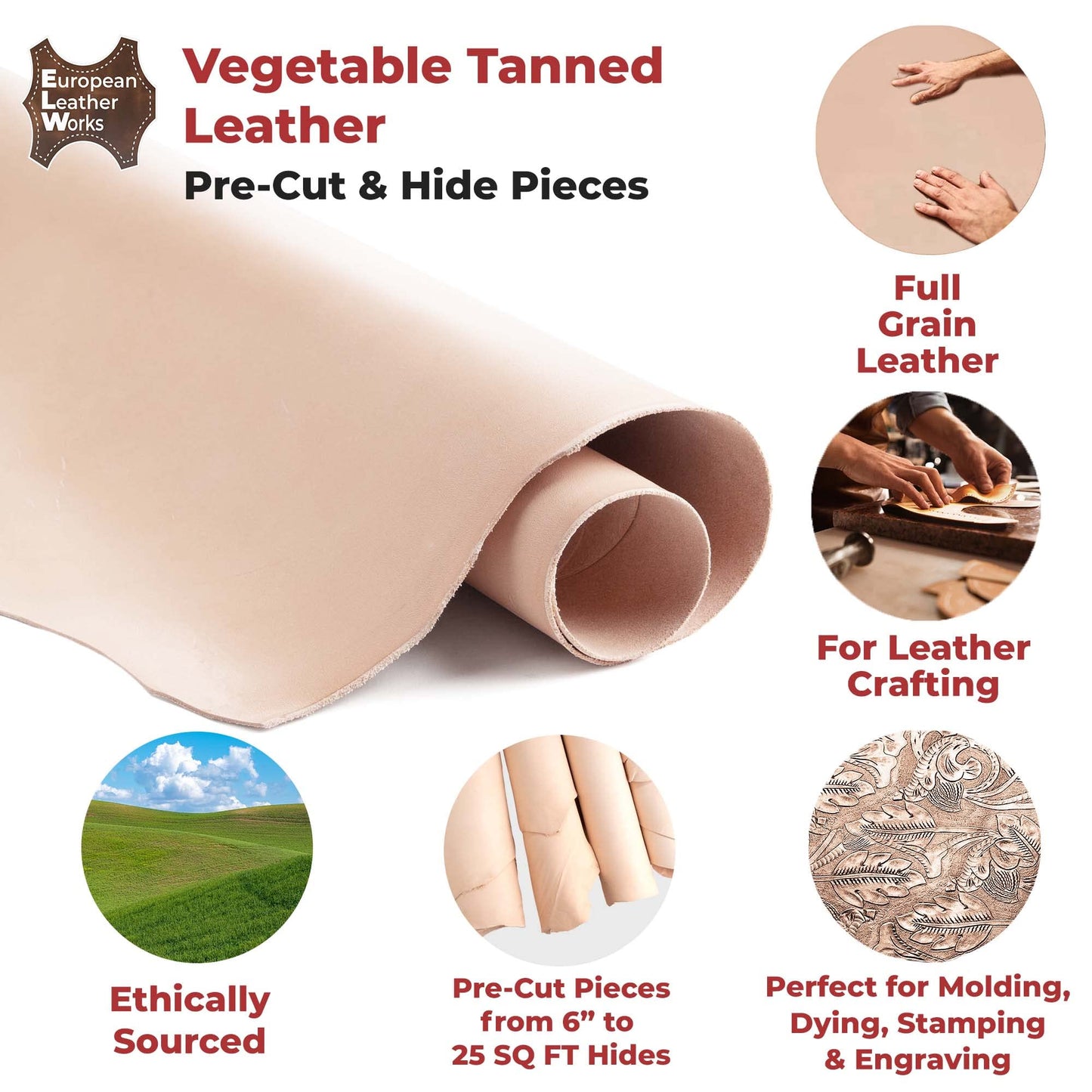 ELW 11-12 oz (4.4-4.8mm) Thickness Weight Pre-Cut 10-12 SQ FT Vegetable Tanned Leather Cowhide Grade AB Full Grain Leather for Tooling, Carving, Engraving, Molding, Embossing, Stamping, & Dyeing