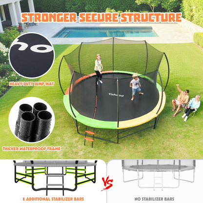 Yohood Trampoline Outdoor 12FT 14FT, Recreational Trampolines with Enclosure Net and Ladder, ASTM Approved for Kids and Adults, with Additional 8 Stabilizer Bars and Anti-Rust Coated Galvanized Frame