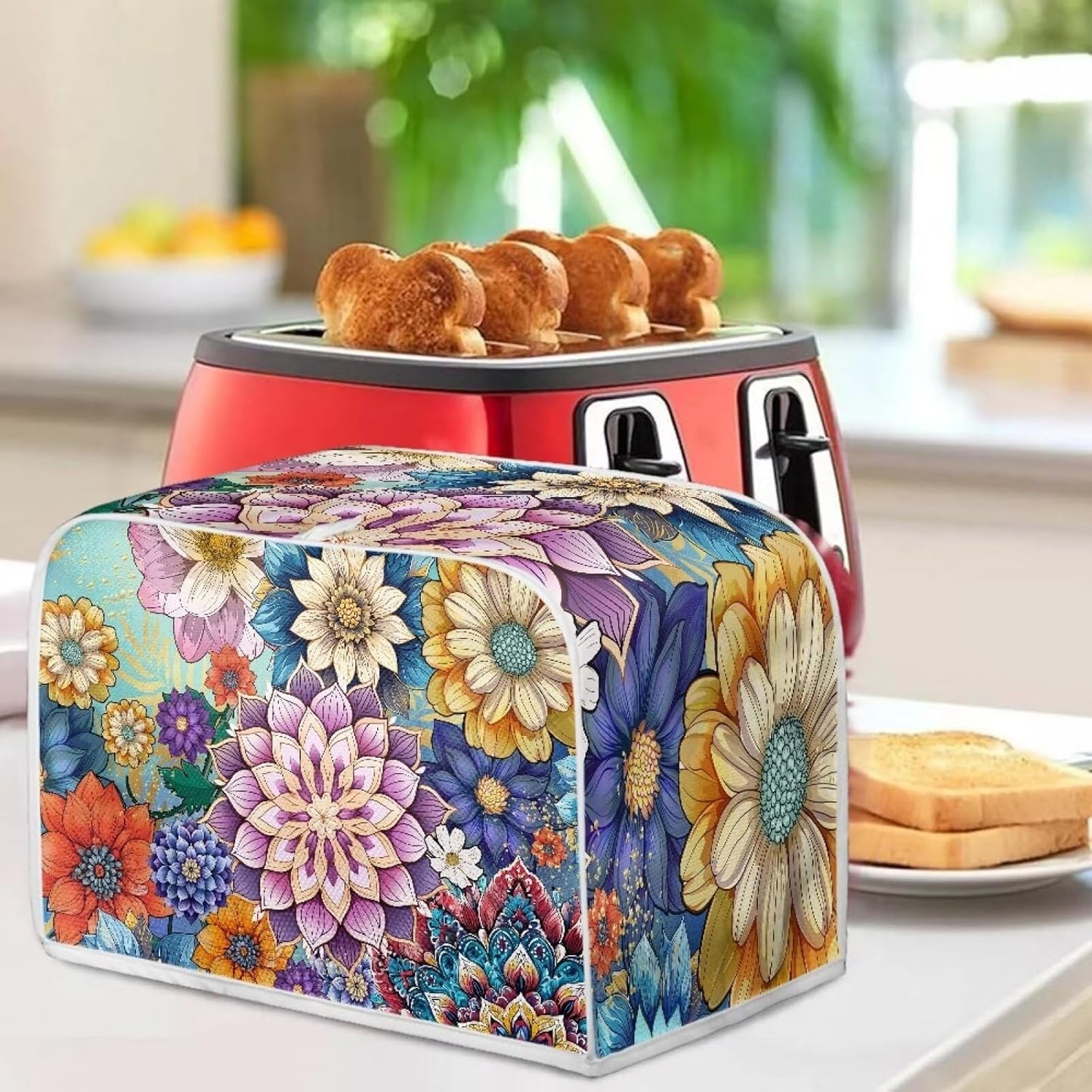 UNICEU Boho Flower Toaster Cover: Bright Blossom Quilted Dust-proof Cover for 4 Slice Bread Maker