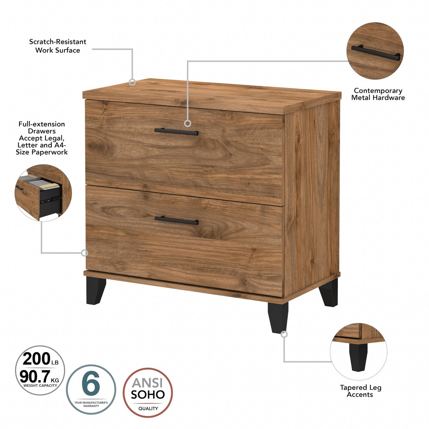 Bush Home 2 Drawer Lateral File Cabinet, Letter and Legal-Size Document Storage for Home or Professional Office, Somerset Collection, Fresh Walnut