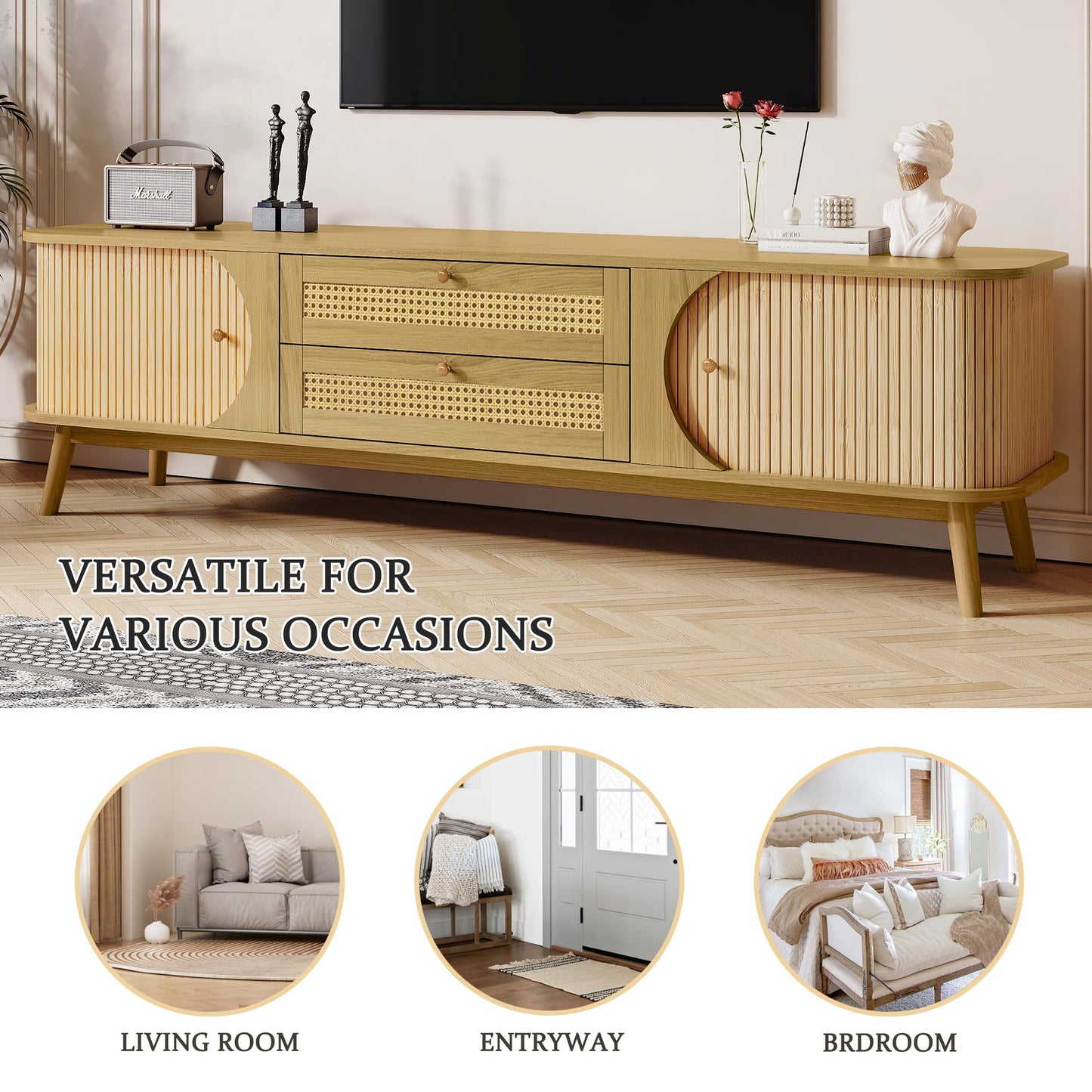 Merax Rattan TV Stand for TVs up to 75", Modern Farmhouse Media Console with Multi-Functional Storage, Boho Entertainment Center with Solid Wood Legs, Television Cabinet for Living Room, Natural+Wood