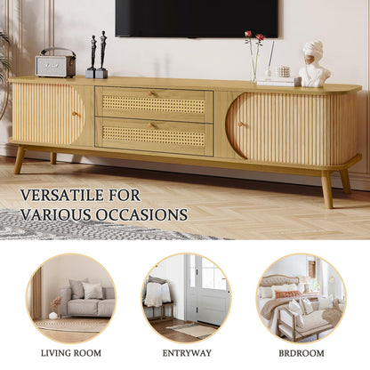 Merax Rattan TV Stand for TVs up to 75", Modern Farmhouse Media Console with Multi-Functional Storage, Boho Entertainment Center with Solid Wood Legs, Television Cabinet for Living Room, Natural+Wood