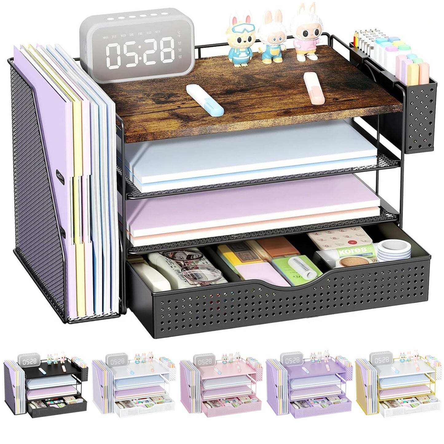 gianotter Wood Desk Organizers and Accessories with File Holder, 4-Tier Desk Accessories & Workspace Organizers with Drawer and Pen Holder, Desk Reference Organizer (Wood, 4T with Drawer)