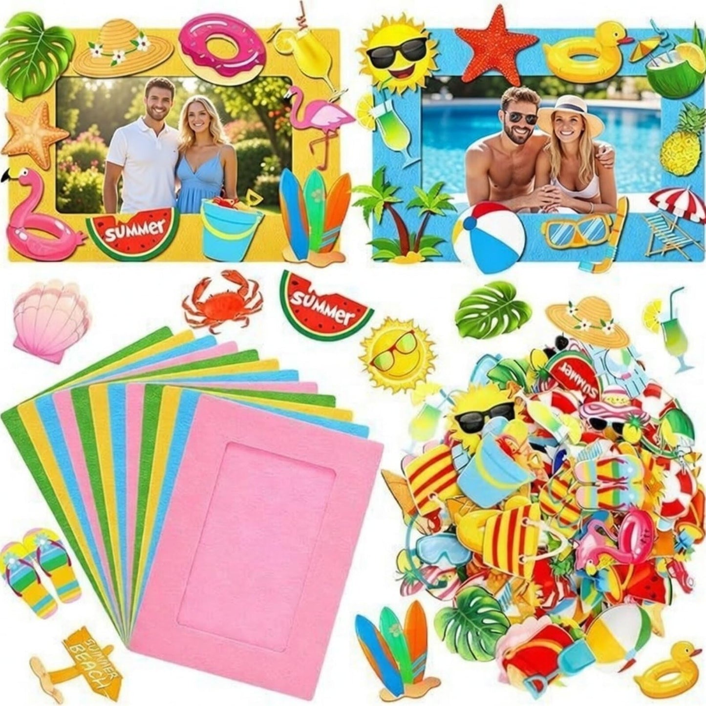 Marsui 232 Pcs Summer Picture Frame Craft Kit DIY Beach Summer Foam Picture Frames 5 x 7 Inch with 32 Felt Photo Frames 200 Foam Stickers for Tropical Party Holiday Game Activity Birthday Gifts