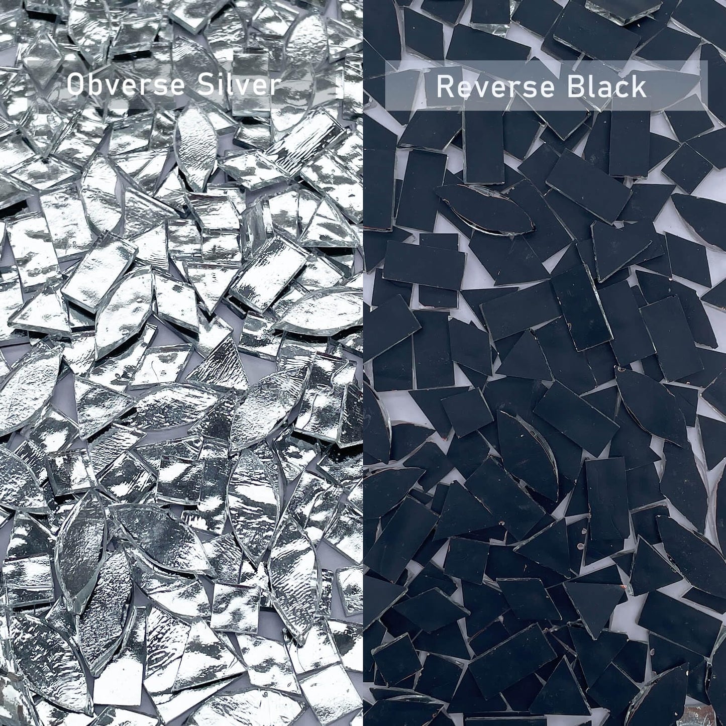 LITMIND Silver Stained Glass Mirror Mosaic Tiles with Black Backing - 240 Pieces in 5 Shapes (Rectangle, Triangle, Rhombus, Square, Leaf) Mixed Sizes for Crafts, Mosaic Projects & Home Décor