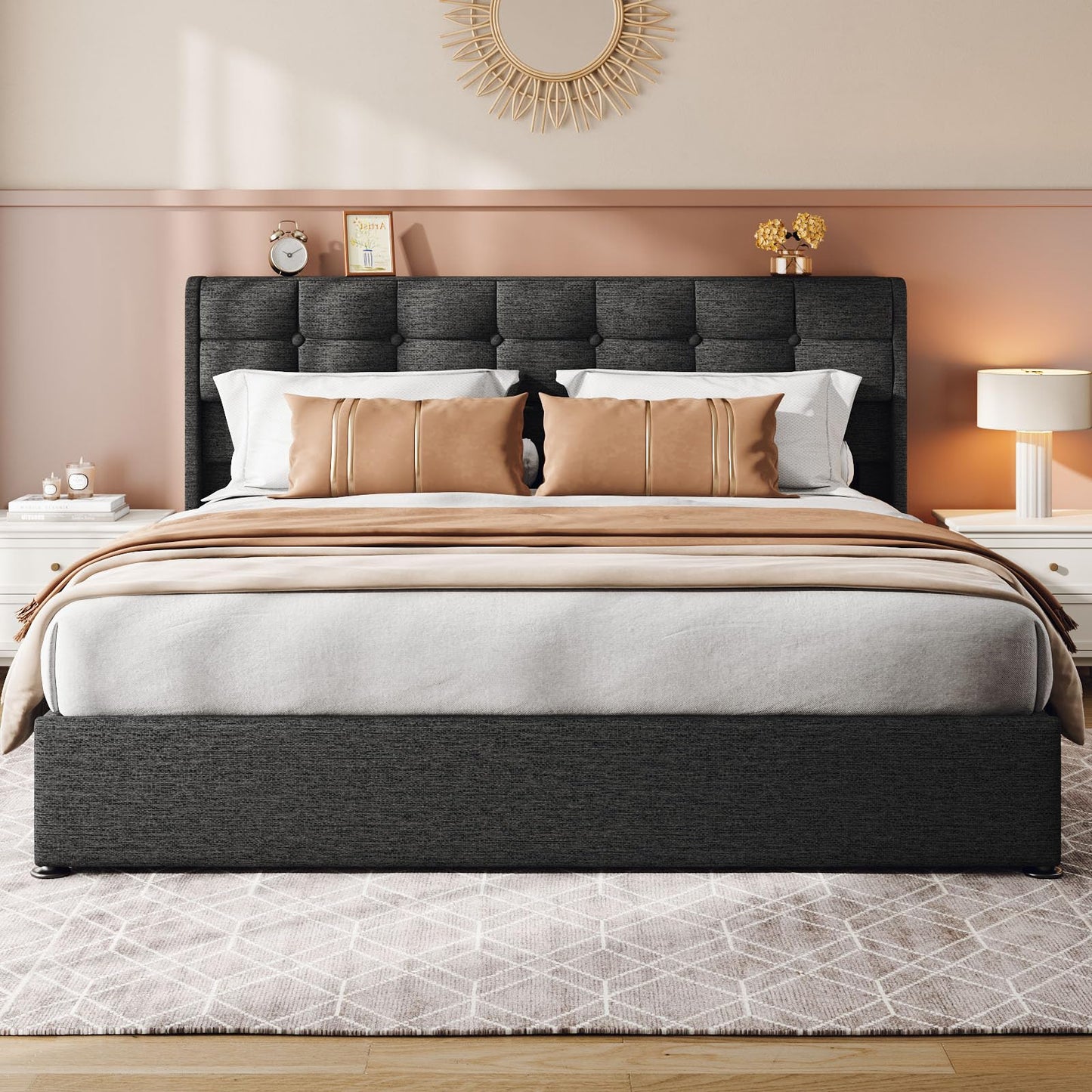 Vinabilia Lift Up King Size Bed Frame with Storage, Upholstered King Bed Frame with Wingback Headboard, No Box Spring Needed, Easy Assembly - Dark Grey