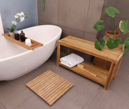NORDIC STYLE TEAK Wood Shower Stool and Spa Bench with Shelf, Teak Shower Bench for Indoor and Outdoor Use, Teak Storage Bench, Teakwood Shower Bench, Natural Finish, 35"
