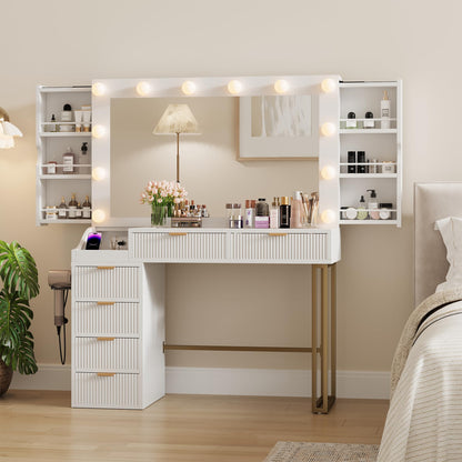 Feonase Vanity Desk, White 43'' Large Makeup Vanity Desk with Mirror and 12 Lights, 3 Color Modes, Glass Top Makeup Table with 6 Drawers and 2 Side Cabinets, Built in Charging Station