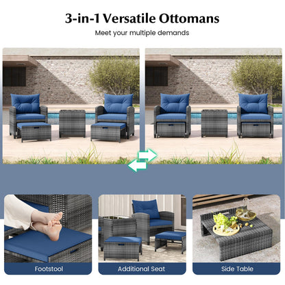 Tangkula 5 Pieces Patio Conversation Set, PE Wicker Rattan Outdoor Furniture Set with 2 Chairs, 2 Ottomans & Tempered Glass Coffee Table, Ideal for Poolside, Backyard, Lawn, Deck, Mix Grey & Navy