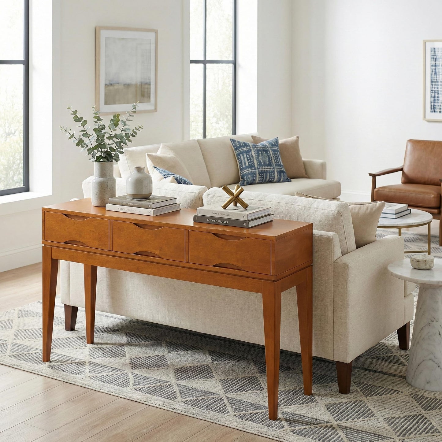 SIMPLIHOME Harper Console Table - 54 Inch Wide Solid Hardwood Sofa Table in Teak Brown, Mid-Century Modern Storage Table for Entryway or Living Room with 3 Drawers, Notched Handles, and Tapered Legs