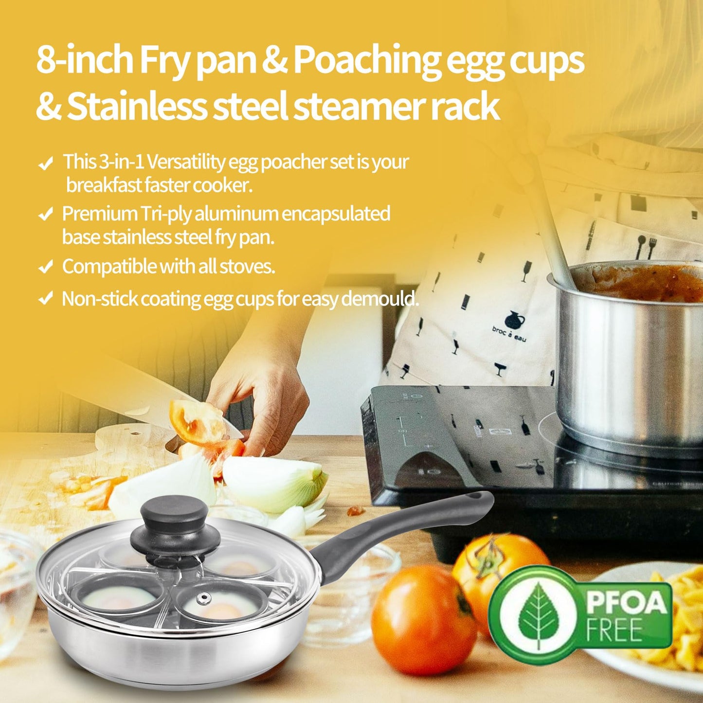 Fuexmotco Egg Poacher Pan, Stainless Steel Egg Poaching Pan for Benedict Breakfast Maker, Poached Egg Cookware with 4 Nonstick Large PFOA Free Egg Poacher Cups and Silicone Spatula