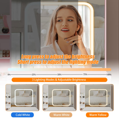 GarveeHome Vanity Desk with Sliding Mirror and Lights, Makeup Vanity Set with 4 Drawers, Stool, Power Outlet, Open Shelves, 3 Color Adjustable Lighting Modes, Makeup Dressing Table for Bedroom, Pink