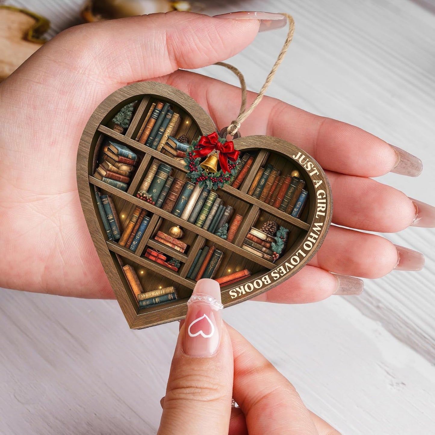 2025, Book Christmas Ornament Wooden Bookshelf Book Lovers Gifts Christmas Tree Decor, Just A Girl Who Loves Books