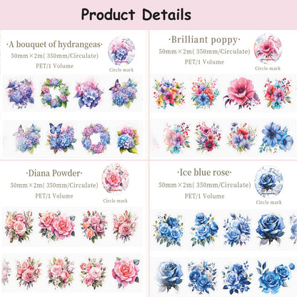 8Rolls Floral Washi Tape Set Flower PET Tapes Stickers for Crafts Journaling,Scrapbooking Supplies, Planner, Bullet Journals,Gift Wraping,Sunflower Rose Hydrangea Butterfly Decorative Masking Tape