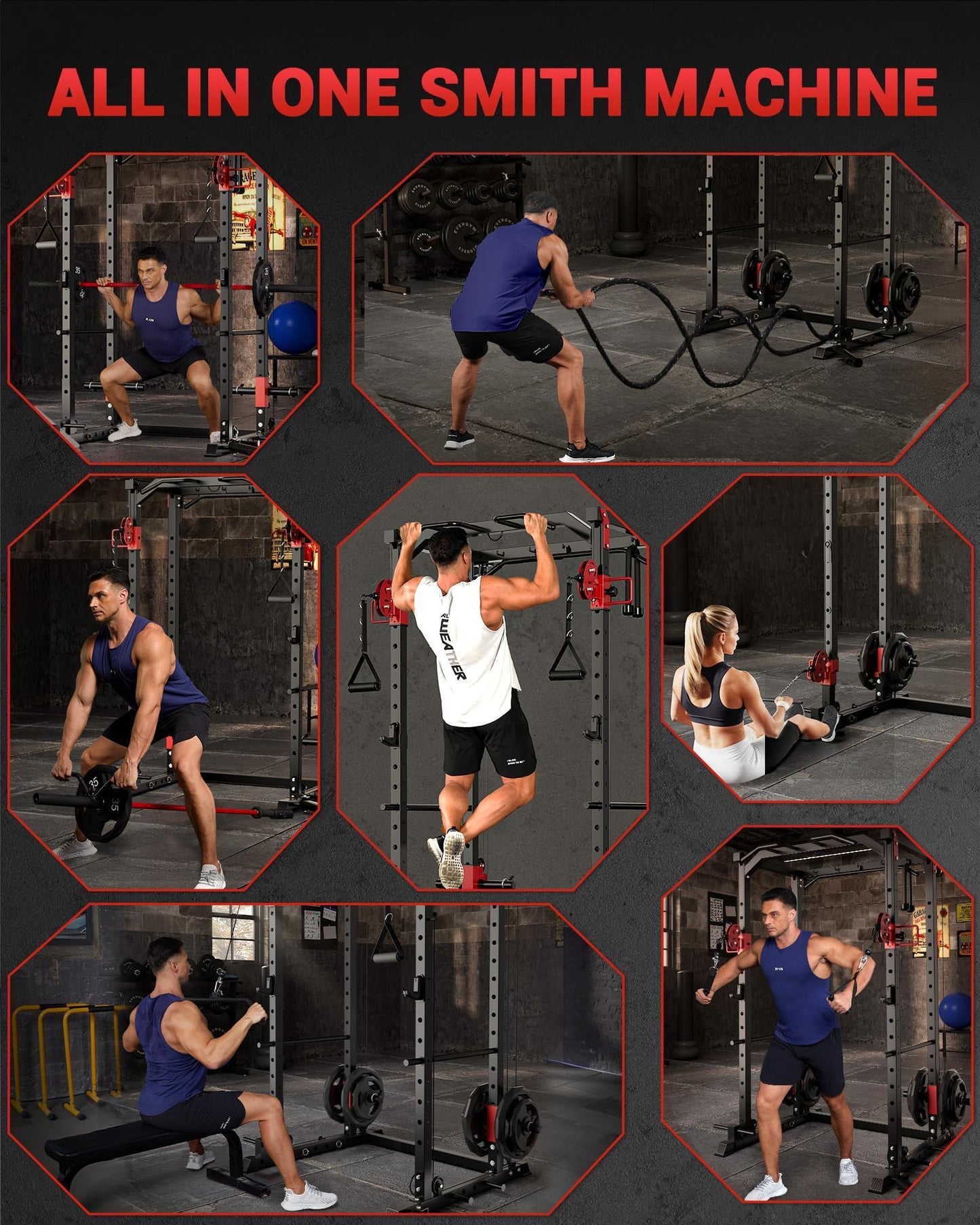 Garvee Power Cage, Multi-Functional Power Racks for Home Gym with Dual Pulley Systems, 1200 LBS Weight Capacity Fitness Squat Rack for Strength Workout with More Training Attachment, Red