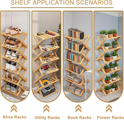 3 Closet Tier Natural Bamboo Shoe Rack,Foldable Space Saving Shoe Storage Organizer,Easy Assembly & Strong Design Shoes