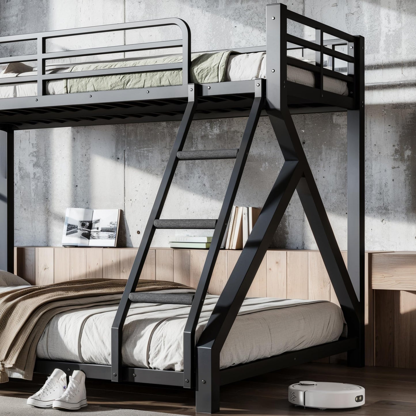 QLUSAN Latest Upgraded & Stronger Heavy Duty Metal Twin XL Over Queen Size Bunk Bed, Safer Thickened More Stable Bunkbed (Greater Weight Capacity) (Twin XL Over Queen (A),Black)