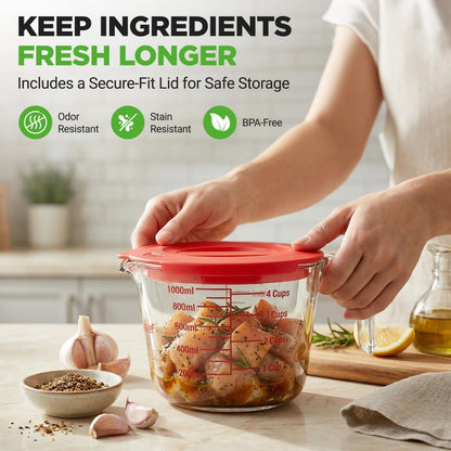 NutriChef 1,2 and 4 Cups Glass Measuring Cup Set with Lids (8, 17 and 34 oz) - Heat-Resistant Borosilicate Liquid Measure Cups with Easy-Read Scale for Cooking, Baking & Food Storage, Dishwasher Safe