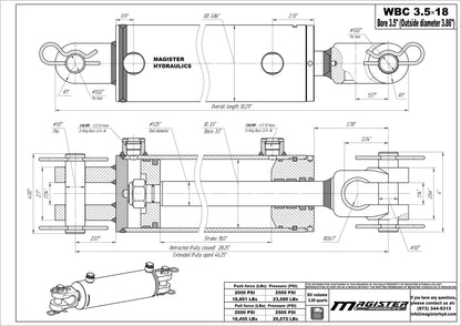 Magister Hydraulics Double Acting Hydraulic Cylinder - AG Clevis Hydraulic Cylinder 2500 PSI tie-Rod Alternative 3.5" bore 18" Stroke (3.5x18)