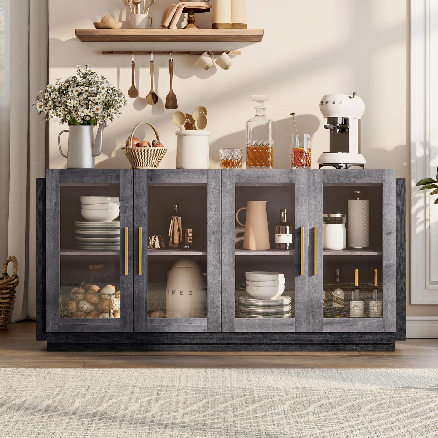 AMERLIFE Sideboard Buffet Cabinet with LED Lights, Mixed Color Accent Cabinet with Glass Doors and Adjustable Shelf, Hallway Storage Cabinets Console Table for Living Room, Dining Room, Black and Gray