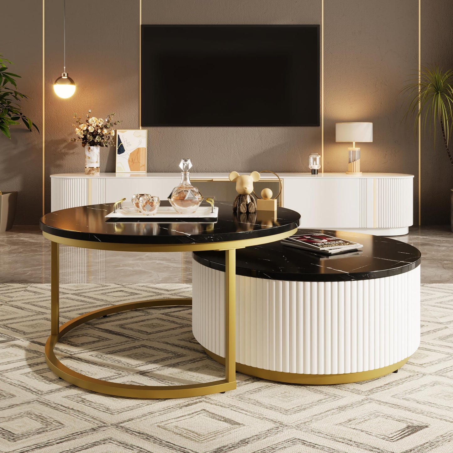 Ball & Cast Round Coffee Table Set of 2,Nesting Desk with Drawers,Smooth Durable Marble Tabletop and Fluted Design,Easy Care & Stain Resistance 31.5" for Bedroom,Living Room,Black & Gold