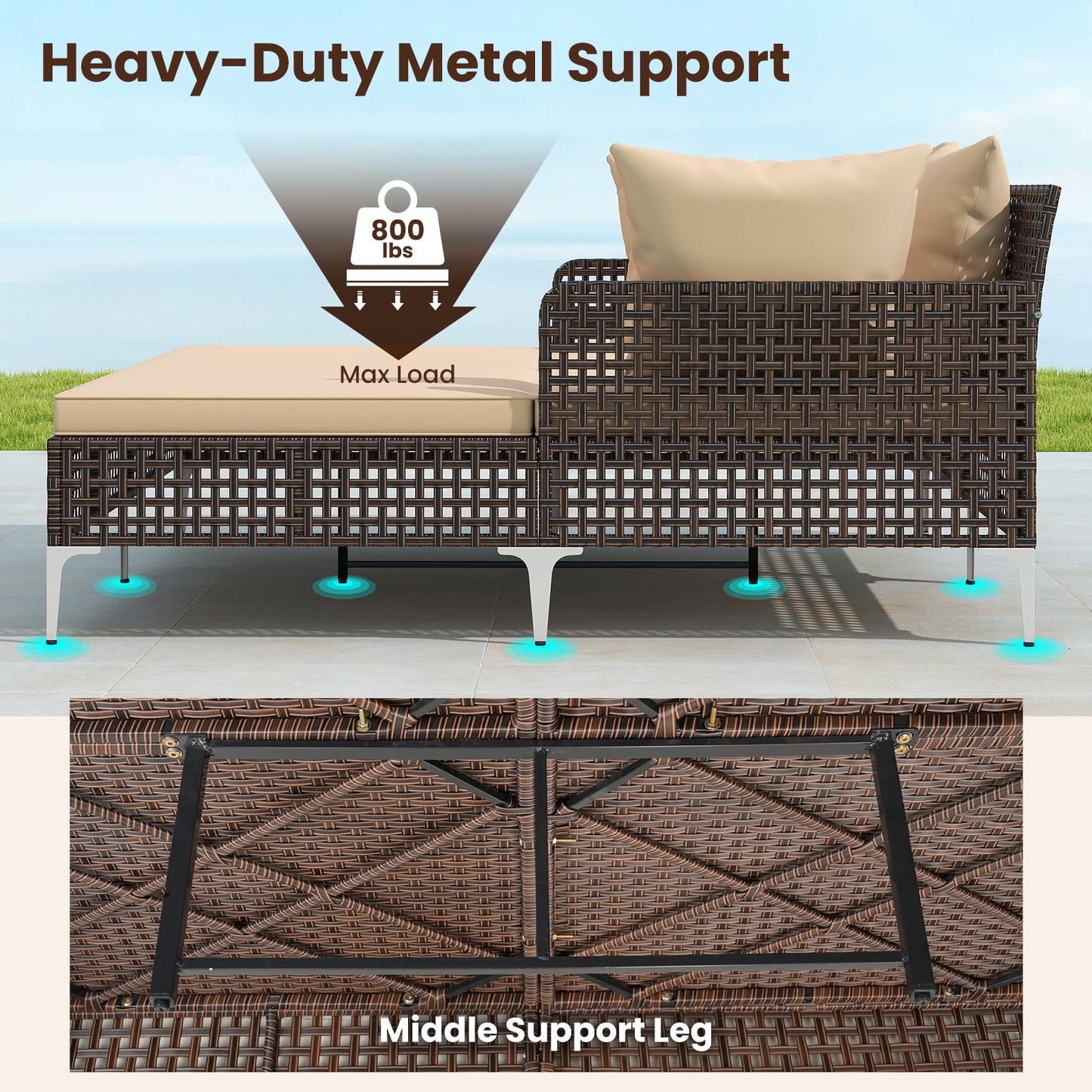 Tangkula Outdoor Rattan Double Daybed, Boho Wicker Chaise Lounge for 2 with Seat & Back Cushions, Outdoor Sunbed Loveseat with Metal Support for Backyard, Poolside & Deck (Brown)