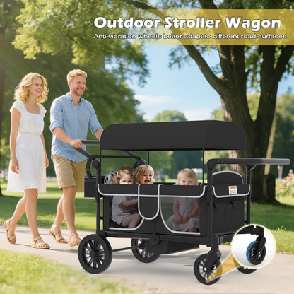 Xilingol 4-Seater Wagon Stroller for Kids, Foldable Outdoor Wagon with Canopy, Adjustable Handle, 5-Point Harness, Detachable Tray & Carry Bag (Black)
