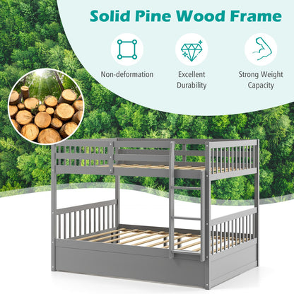 Giantex Full Over Full Bunk Bed with Trundle, Solid Wood Trundle Bed Frame w/Guardrails and Ladder, Convertible to 2 Beds, Full Size Bunk Beds for Adults Kids Teens, No Box Spring Needed, Grey