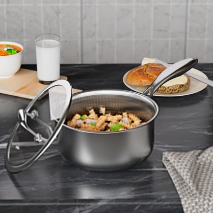 COOKER KING 3 Quart Stainless Steel Saucepan with Lid, Tri-Ply Ceramic Nonstick Pot (Metal Utensil Safe), Dishwasher & Oven Safe up to 900°F, Induction Cookware for All Stovetops