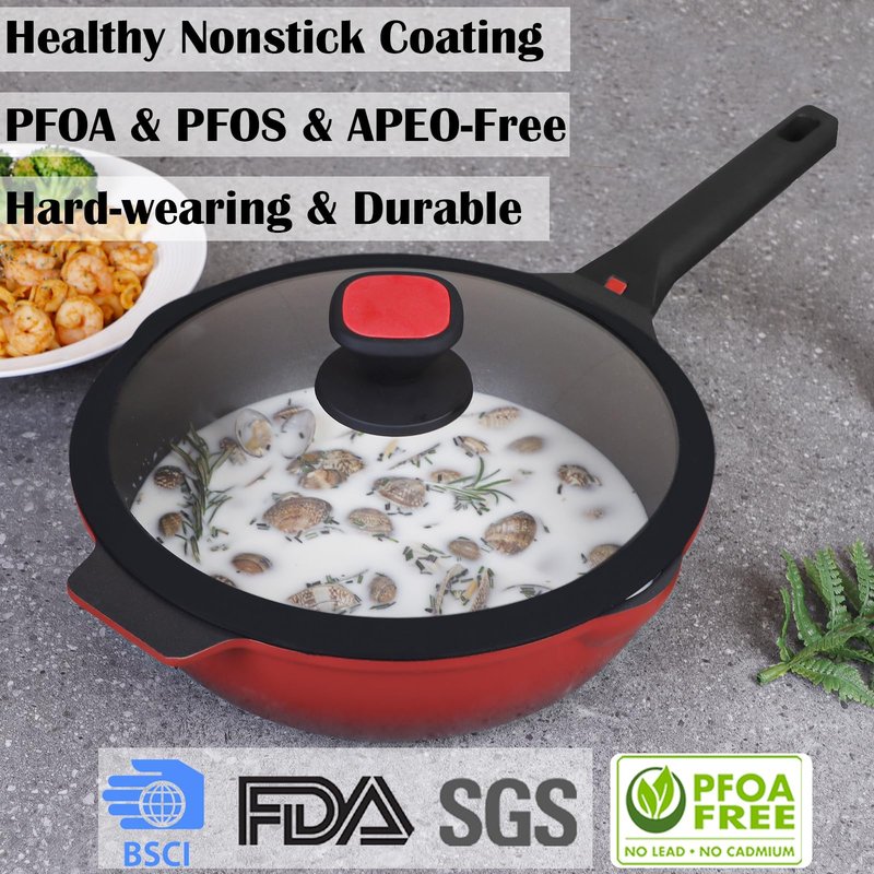 DIIG Nonstick Deep Frying Pan Skillet with Lid, 12 inch/ 5.5 QT Saute Pan with Silicone Lid, Sauce Cookware Cooking Chef Pans, Cast Aluminum Induction Compatible, Ruby Red