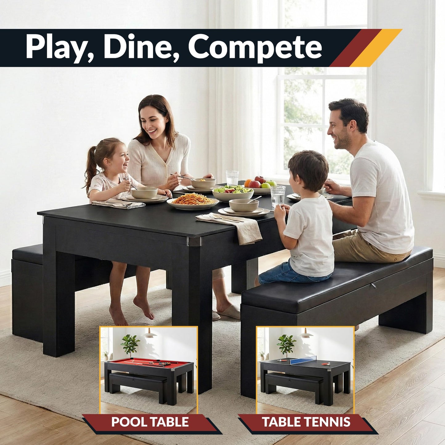 Hathaway Park Avenue 7 Ft Pool Table Combo Set with Benches and Complete Game Accessories - Billiard Table with Ping Pong and Dining Top - Engineered Wood Frame, Black Finish, Red Felt